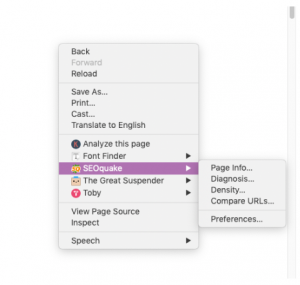 Screenshot of SEOQuake menu