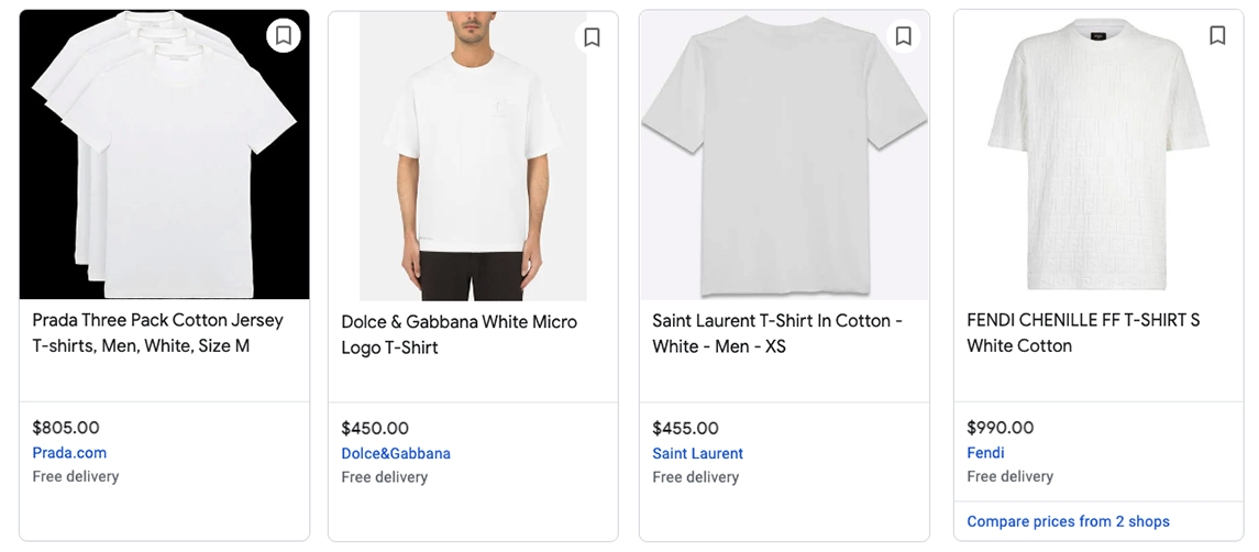 Screenshot of four white t-shirts by different brands comparing price