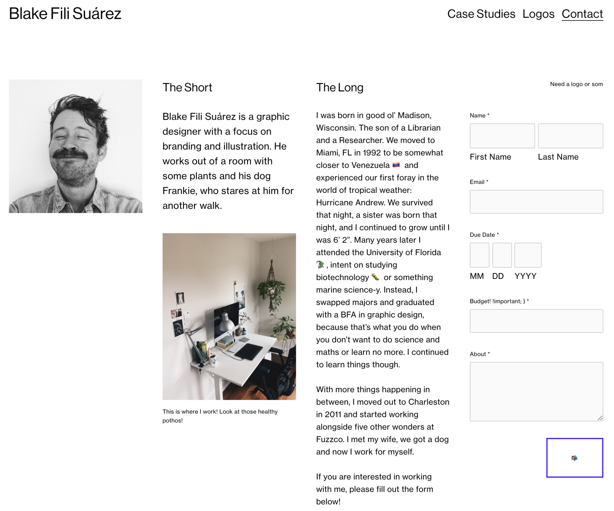 Screenshot of Blake Suarez’ about page on his website