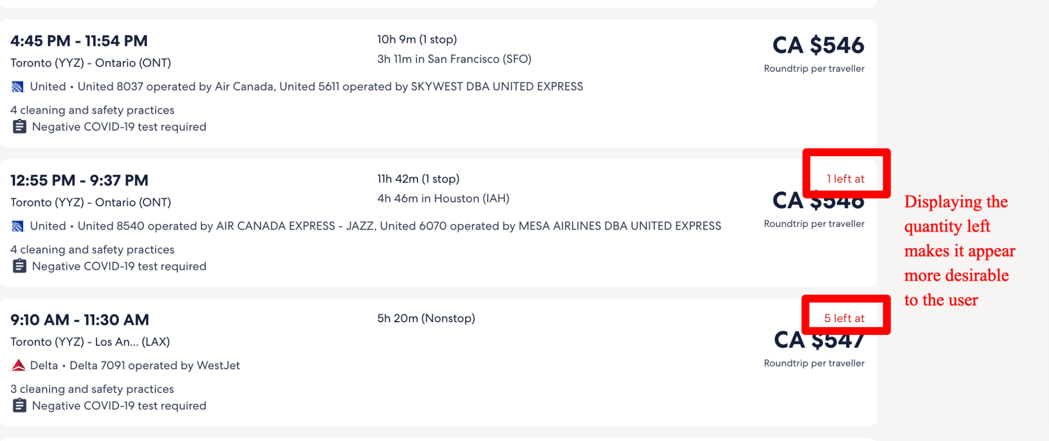 Screenshot of Expedia’s search results and available options for a plane ticket to LAX from YOW