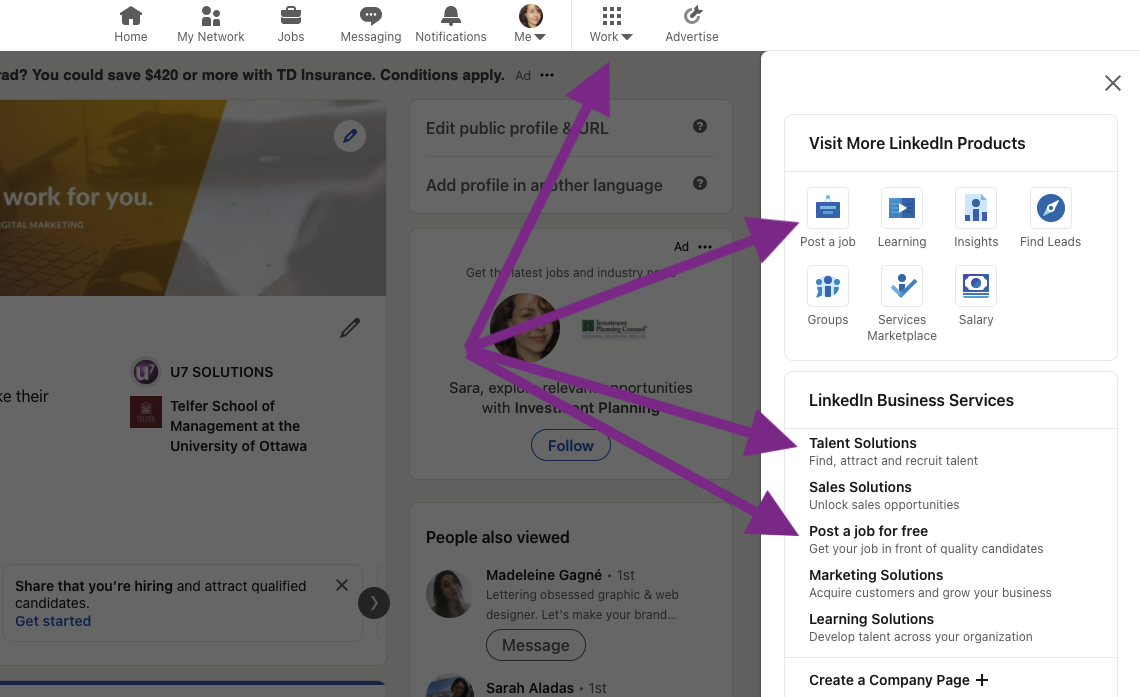 Screenshot of linkedIn page showing different features useful for hiring people on the platform