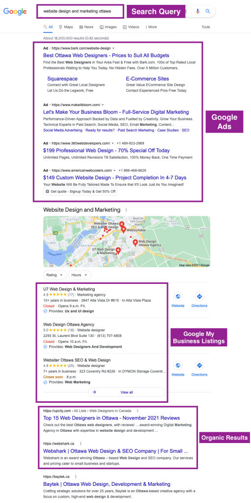Screenshot of google search page results
