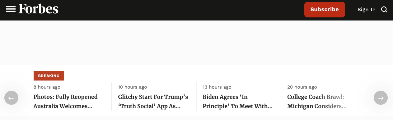 Forbes website menu showcasing button in menu 