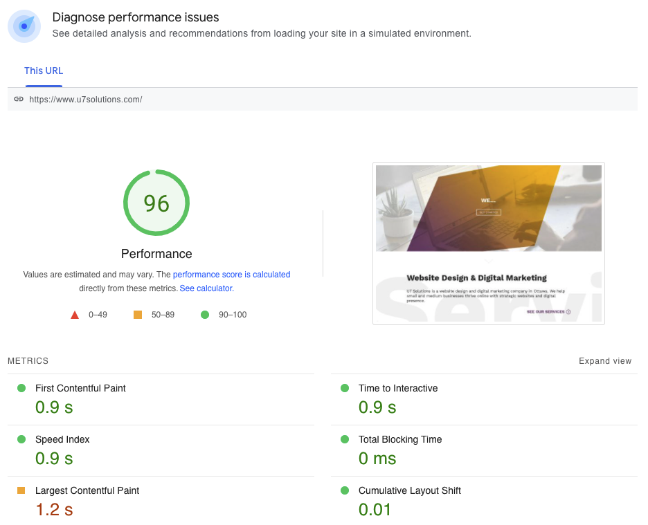 Site speed example using page speed insights tool