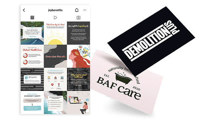 A collection of social media posts and two logo designs for different brands.