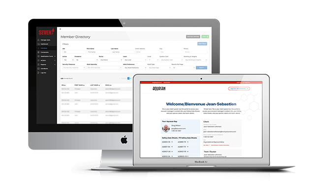 Two desktop computers displaying a membership directory and user dashboard.